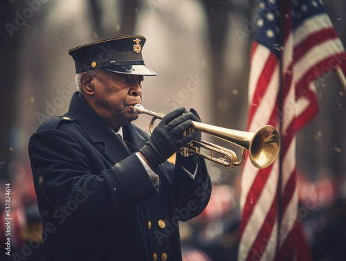 A moment of silence as a bugler plays Taps, surrounded by United States flags