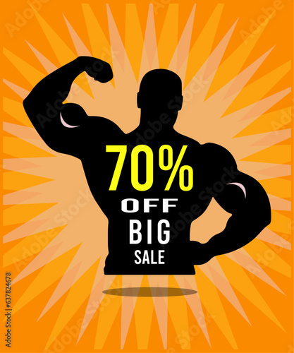 70%, number 70, offers, discounts, promotions, financial, seventy, percent, 70 percent, silhouette, bodybuilding, ftness, crossfit, great card, orange background, black, white, vector, discount balloo photo