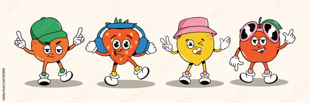 custom made wallpaper toronto digitalSet of 70s groovy element fruit concept vector. Collection of cartoon character, doodle smile face, strawberry, orange, apple, lemon. Cute retro groovy hippie design for decorative, sticker.