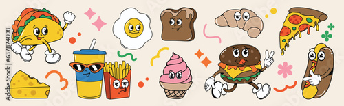 Set of 70s groovy element food and dessert concept vector. Collection of cartoon character, doodle smile face, tacos, croissant, sausage bread. Cute retro groovy hippie design for decorative, sticker.