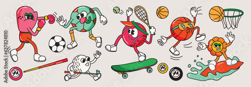 Set of 70s groovy element sports concept vector. Collection of cartoon character, doodle smile face, basketball, football, tennis, boxing. Cute retro groovy hippie design for decorative, sticker.