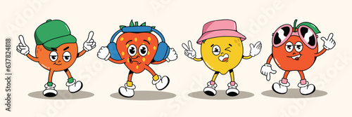 Set of 70s groovy element fruit concept vector. Collection of cartoon character, doodle smile face, strawberry, orange, apple, lemon. Cute retro groovy hippie design for decorative, sticker.