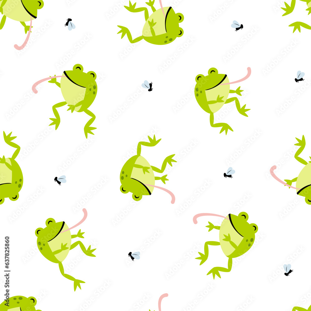 Naklejka premium Seamless pattern with cute frog and insects.