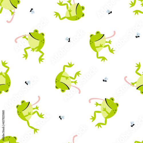 Seamless pattern with cute frog and insects.