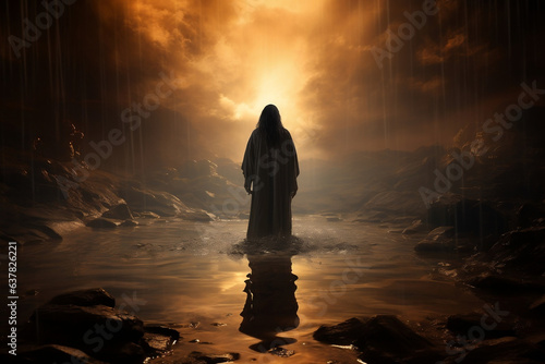 Mystical Resurgence of Jesus, A Surreal Artwork Depicting His Moody Emergence from a Puddle