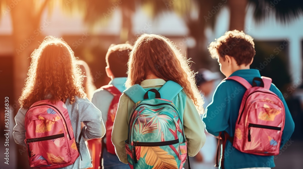 happy children girls and boys with backpacks, ready for first day of school happy children girls and boys with backpacks, ready for first day of school