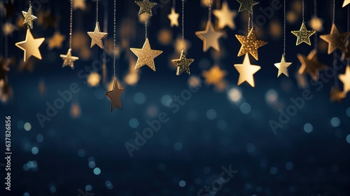 abstract new year or christmas dark blue background with gold stars and sparkling