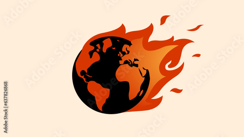 Vector illustration of the planet Earth on fire. A simple concept illustration representing massive wildfires, record temperatures and global warming. Climate change icon, abnormal temperatures.