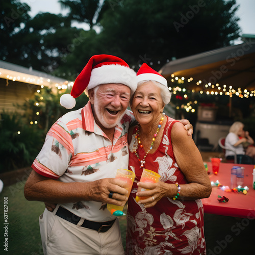 Illustration of an Australian & New Zealand couple celebrating Christmas in the summer, hosting a backyard barbecue with family and friends wearing festive attire. Generative AI. © CSS Studio