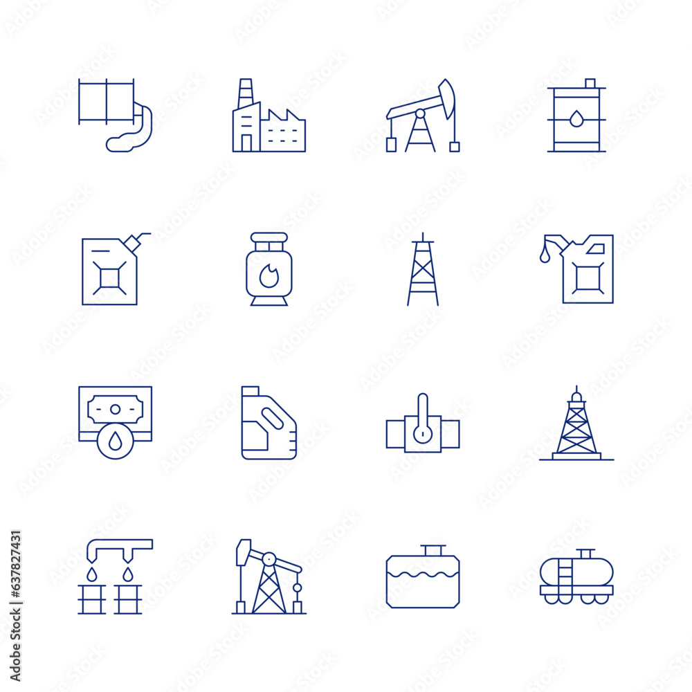 Natural petroleum line icon set on transparent background with editable stroke. Containing barrel, factory, oil pump, oil tank, fuel, gas tank, oil tower, oil, investment, pipe, pumpjack, oil barrel.
