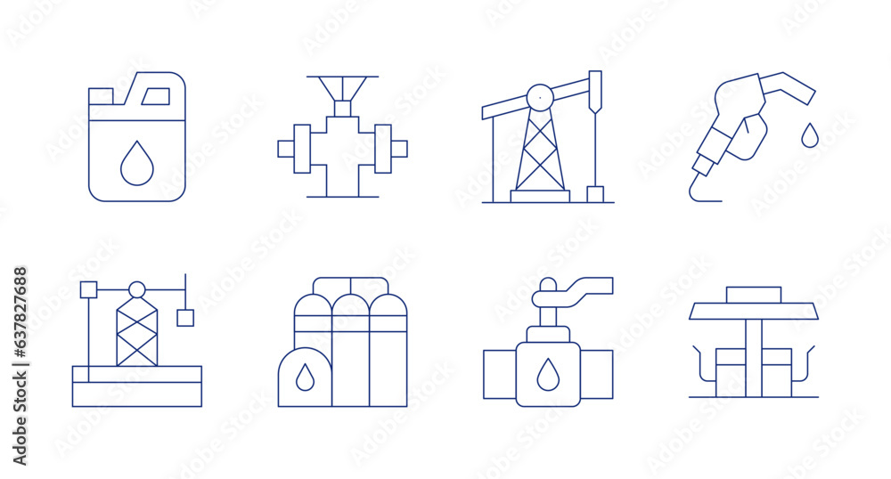 Natural petroleum icons. editable stroke. Containing oil, pipe, pumpjack, dispenser, oil derrick, refinery, valve, gas station.