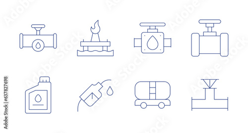 Natural petroleum icons. editable stroke. Containing oil, oil and gas, pipe, valve, oil bottle, oil pump, tanker truck.