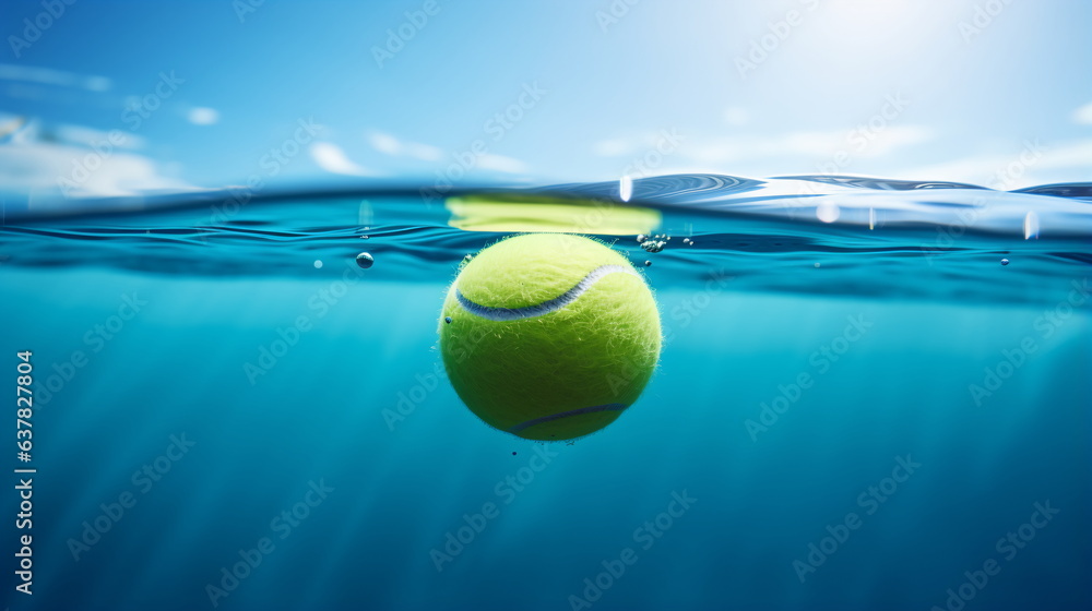 tennis ball floating on the surface of a swimming pool to absorb grease of solar cream. Tennis Ball Underwater, Swimming Pool, Generative ai
