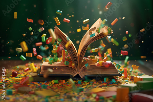 A book opened to a page that falling colorful papre photo