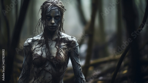 Spectral Maiden immersed in eerie forest, Halloween horror film