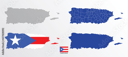 Set of political maps of Puerto Rico with regions isolated and flag on white background. Puerto Rico map blue color vector illustration.