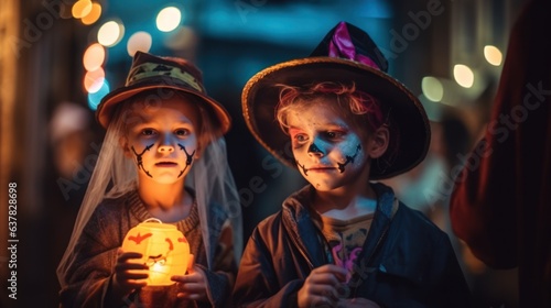 Group of smiling children in Halloween costumes. Happy kids are ready for a trick or treat party.