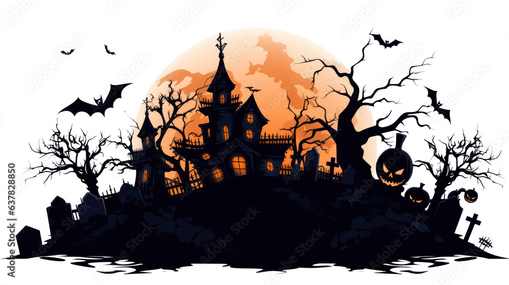 Halloween background with haunted house, graveyard and bats isolated on white transparent background