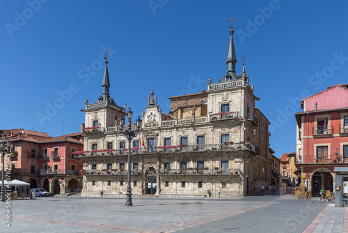 View at the Old Town Hall of León, Municipal Plastic Arts Workshop building, on León Plaza Mayor, or Leon Mayor square, central plaza on downtown, an iconic city plaza