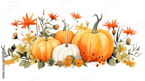 Pumpkins with leaves isolated on white transparent background 