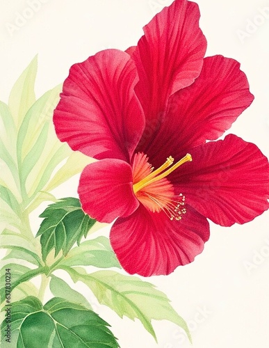 Watercolor Illustration of Crimson Majesty: The Regal Charm of the Red Hibiscus 