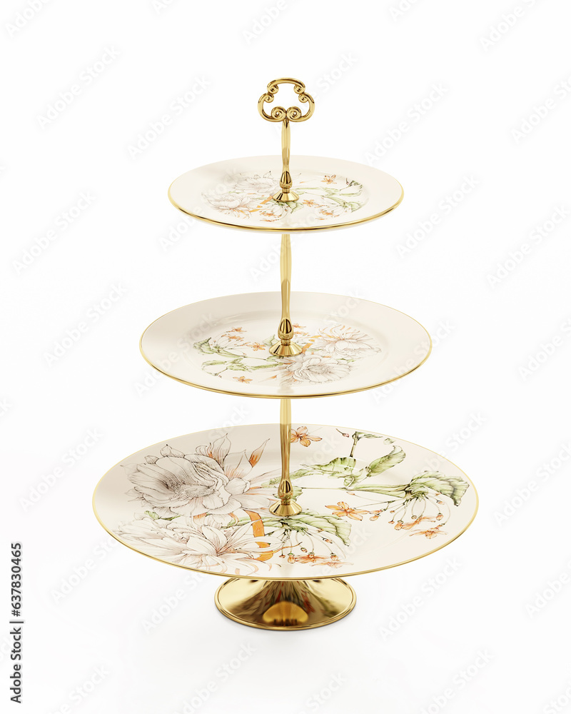 Porcelain cupcake plates isolated on white background. 3D illustration Porcelain cupcake plates isolated on white background. 3D illustration