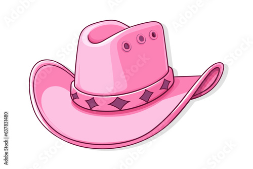 Female pink cowboy hat isolated illustration Cowboy girl wears hat. Wild west theme. Vector Western cowboy illustration for party poster, banner barbiecore Girl power, glamour style cowgirl