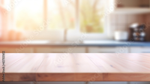 Wooden table on a modern kitchen with a blurred background. AI generated