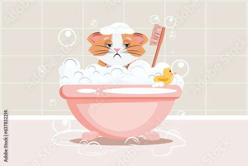 Funny cartoon illustration of a grumpy cat sitting in the bathtub. .