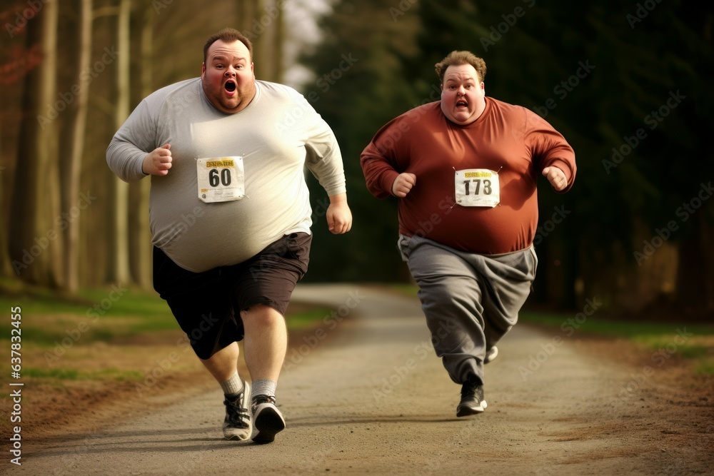 Fototapeta premium Funny fat men jogging. Generate Ai