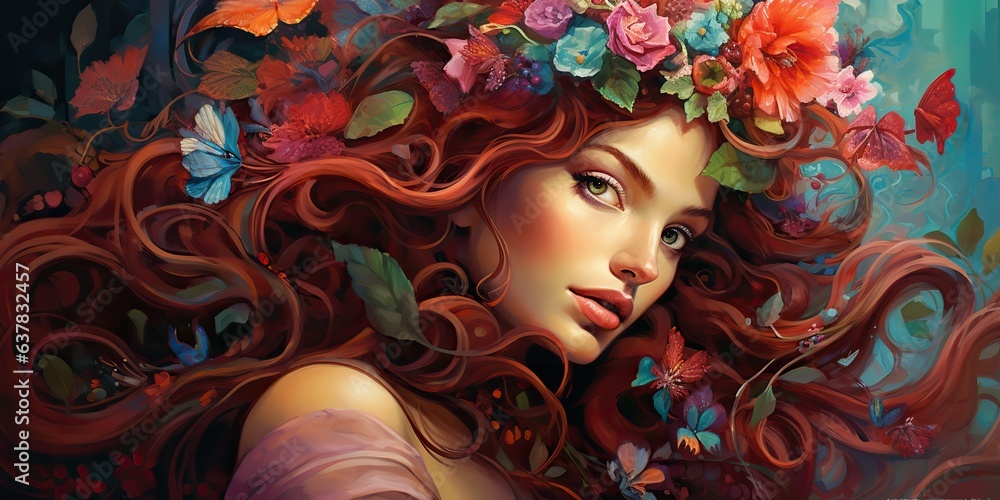 AI Generated. AI Generative. Beautiful female woman portrait face with flowers in the hair. Beauty makeup fashion concept. Graphic Art AI Generated. AI Generative. Beautiful female woman portrait face with flowers in the hair. Beauty makeup fashion concept. Graphic Art