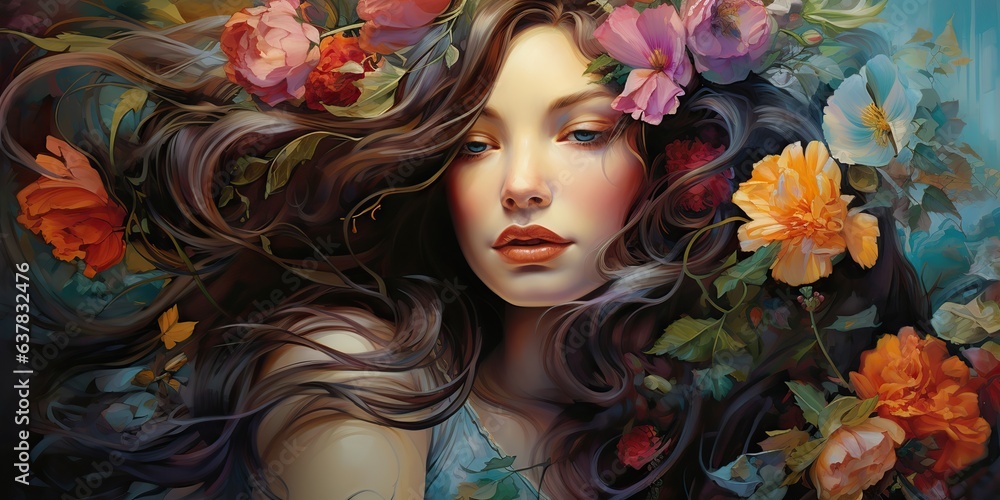 AI Generated. AI Generative. Beautiful female woman portrait face with flowers in the hair. Beauty makeup fashion concept. Graphic Art AI Generated. AI Generative. Beautiful female woman portrait face with flowers in the hair. Beauty makeup fashion concept. Graphic Art