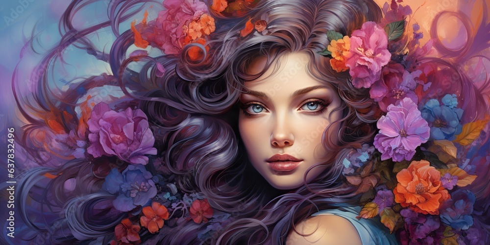 AI Generated. AI Generative. Beautiful female woman portrait face with flowers in the hair. Beauty makeup fashion concept. Graphic Art
