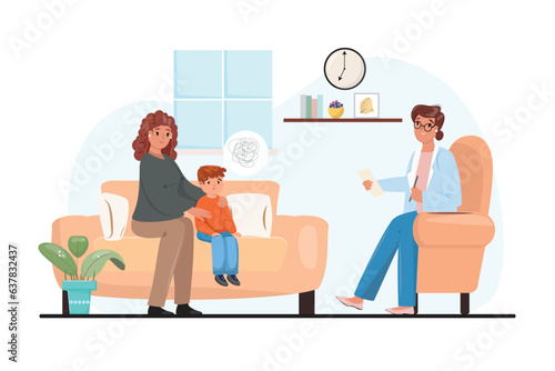 Mother with a worried boy by the psychotherapist