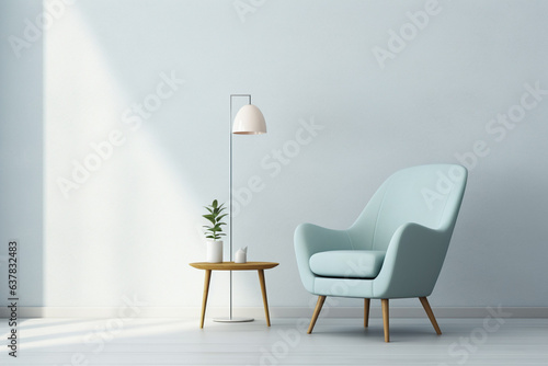 Minimalist light color interior with a blue armchair and lamp. AI generated