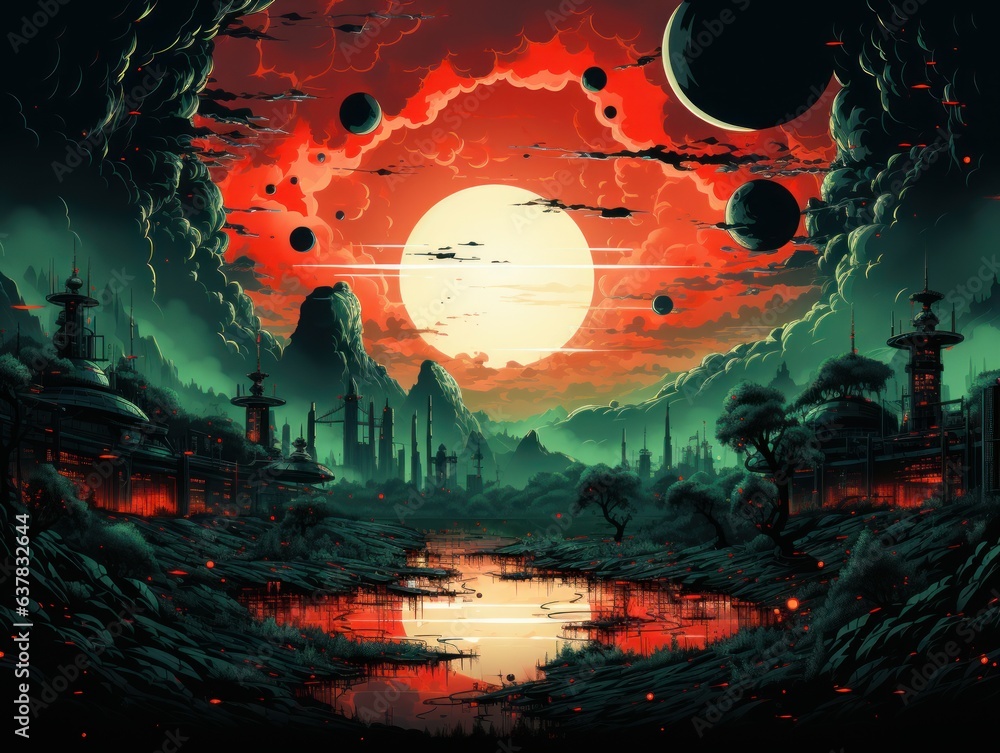 Obraz premium Image: A red - hot dying planet surrounded by a green technology canopy network Style of the Artwork: 