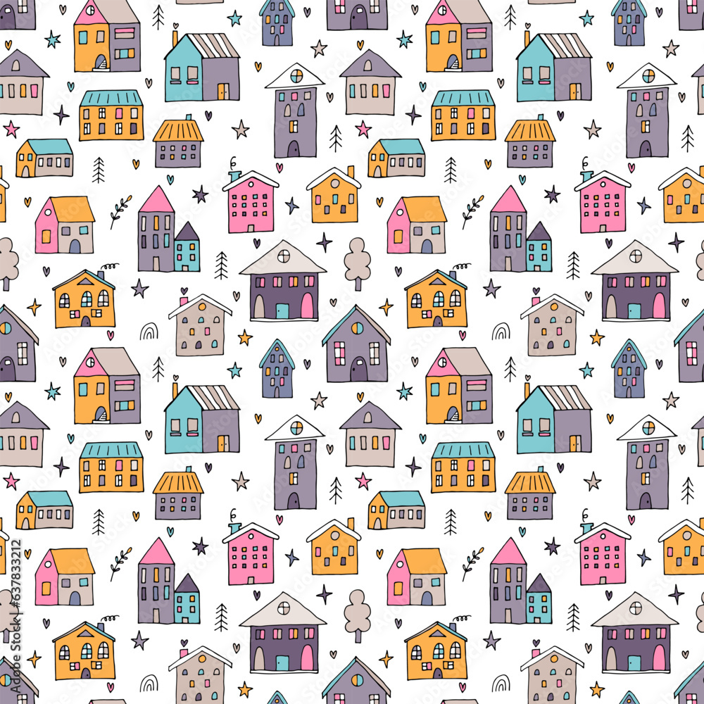Cute seamless pattern with hand drawn houses. Buildings. Doodle style. Texture for fabric, wrapping, textile, wallpaper