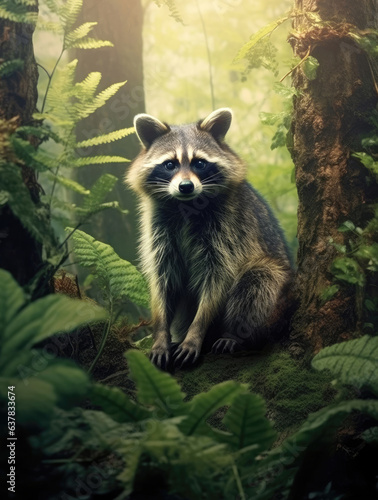 Raccoon in the forest in a natural environment