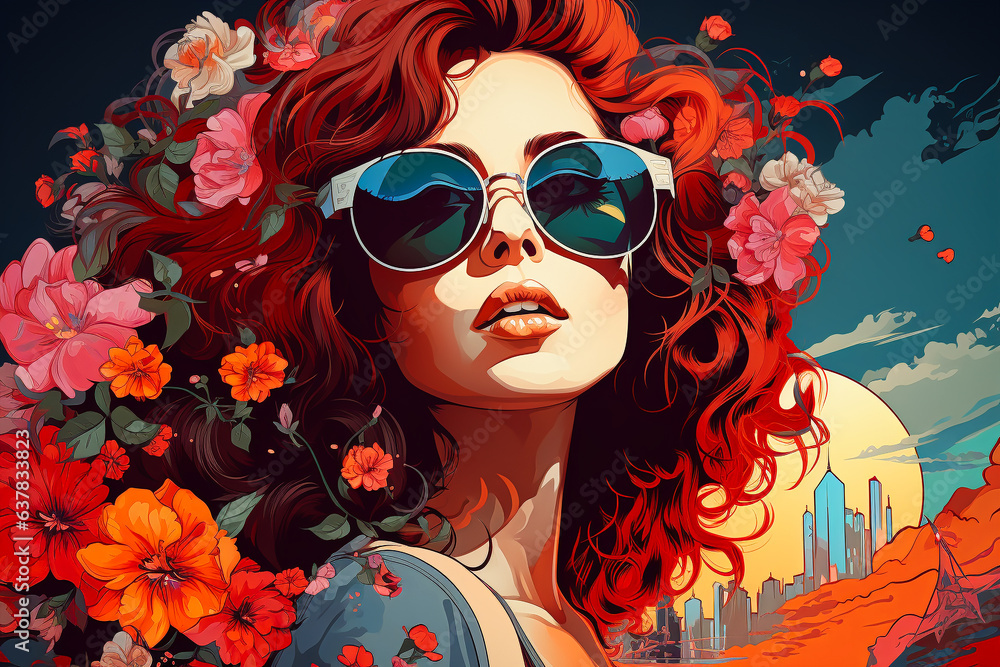 Nostalgic floral compositions from the 1970s with woman and man. AI generativ. Nostalgic floral compositions from the 1970s with woman and man. AI generativ.