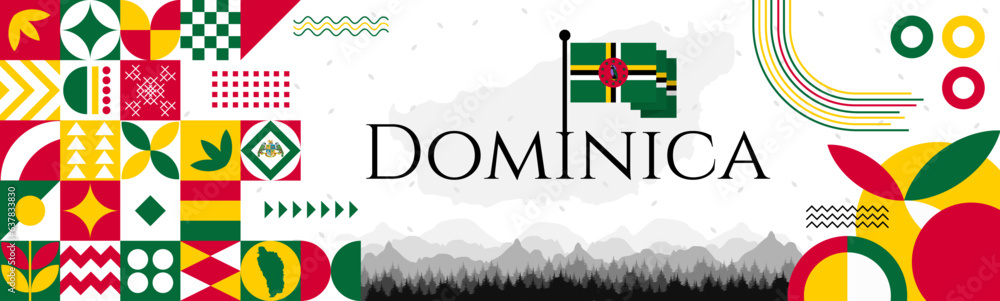 The Dominica Independence Day abstract banner design with flag and map. Flag color theme geometric pattern retro modern Illustration design. Green, yellow and red color template.