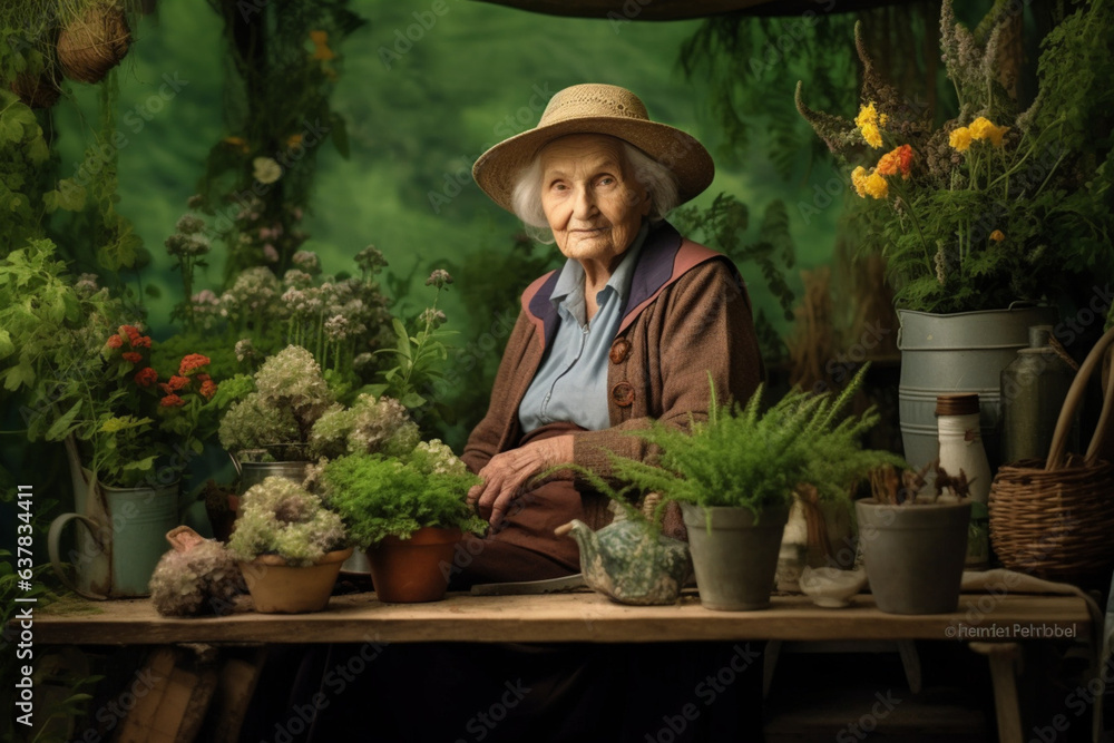 Elderly woman in a spring garden. AI generated