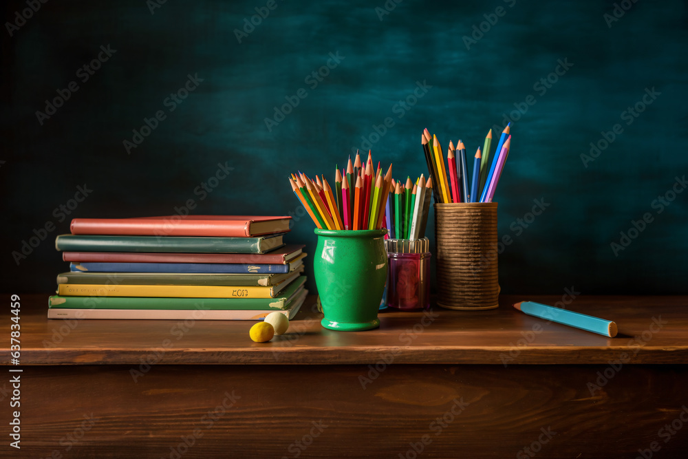 Books stacked and a red app on the top of that, colored pencils in a holder cup on a wooden table