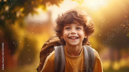 smiling little boy with a backpack heading back to the school