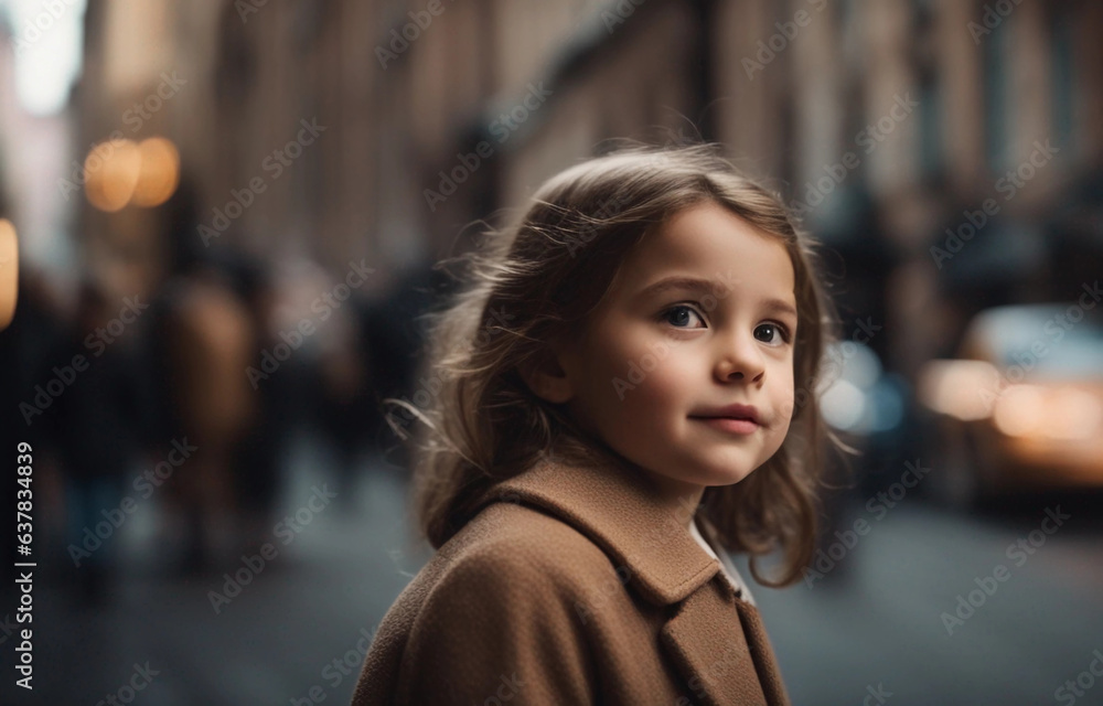 A little girl on the background of the street of a big city. Generative AI.