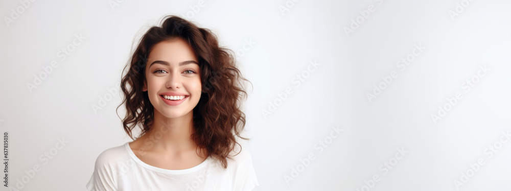 Ad banner showcasing a cheerful and youthful lady. Empty area for adding text. Ad banner showcasing a cheerful and youthful lady. Empty area for adding text.