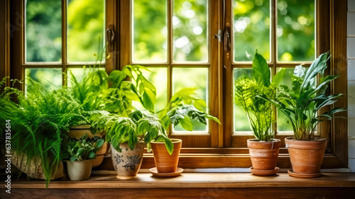 Vintage Fenster mit Topfblumen. Generiert mit KI