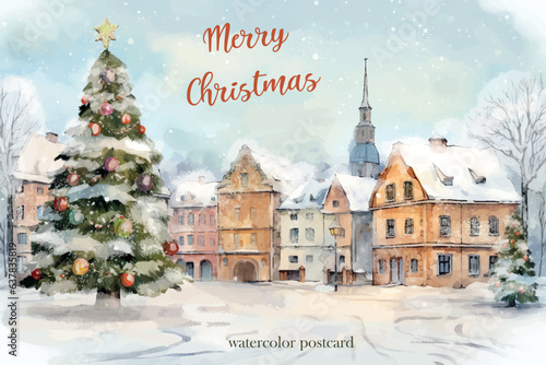 Christmas card with European village. watercolor style