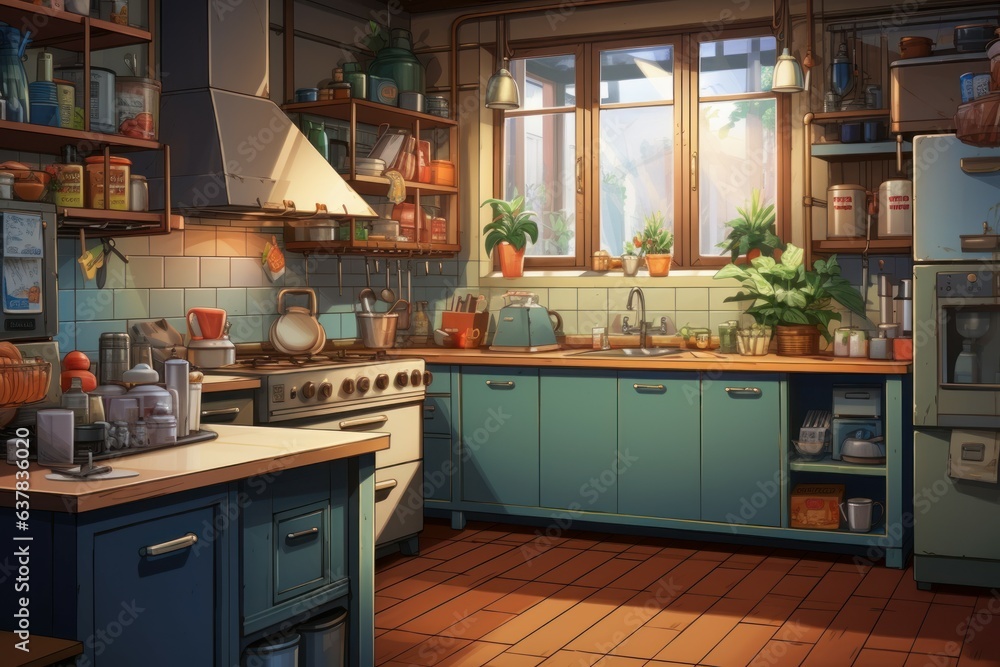 Kitchen light anime visual novel game. Generate Ai - obrazy, fototapety, plakaty 