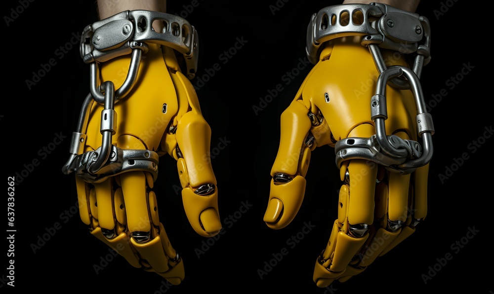 AI robot hands in cuffs, digital crime