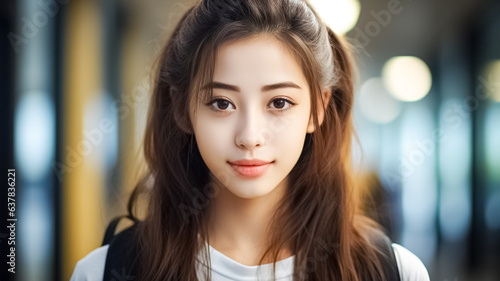 Headshot of young happy attractive asian student smiling and looking at camera. Asian woman in self future education or personalized learning concept.